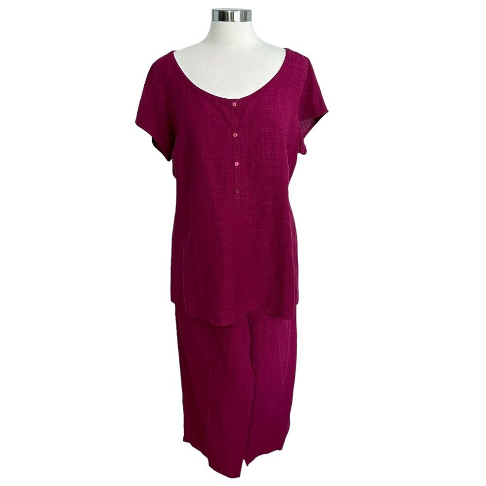 Eileen Fisher L Raspberry Red Linen Blend Short Sleeve Top Wide Leg Pants Set